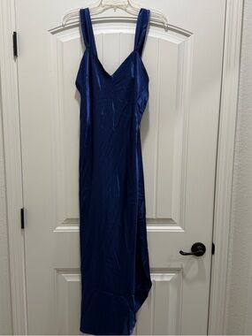Natori Deep Blue Satin Maxi Slip Dress
